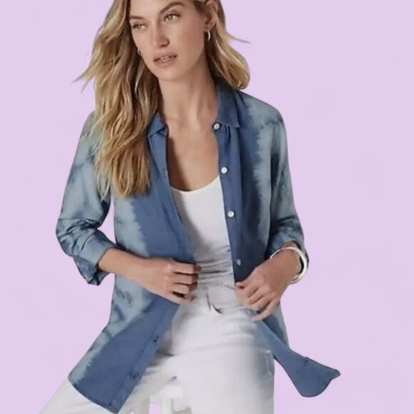 J Jill Linen Blend Tie Dye Blue Roll-Tab Sleeve Button Up Shirt - Size XL - Picture 3 of 10